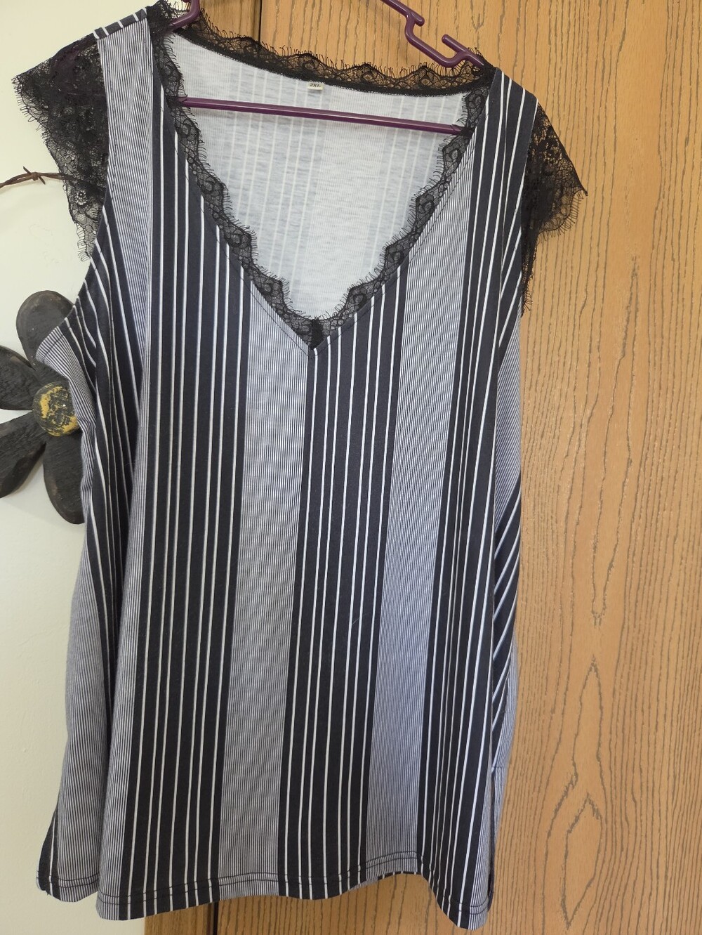 Black and White Vertical Stripe Lace Trim Tank